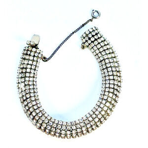 Vtg 6 Row Half Dome Rhinestone Bracelet-Prong Set Silver Tone Statement Jewelry